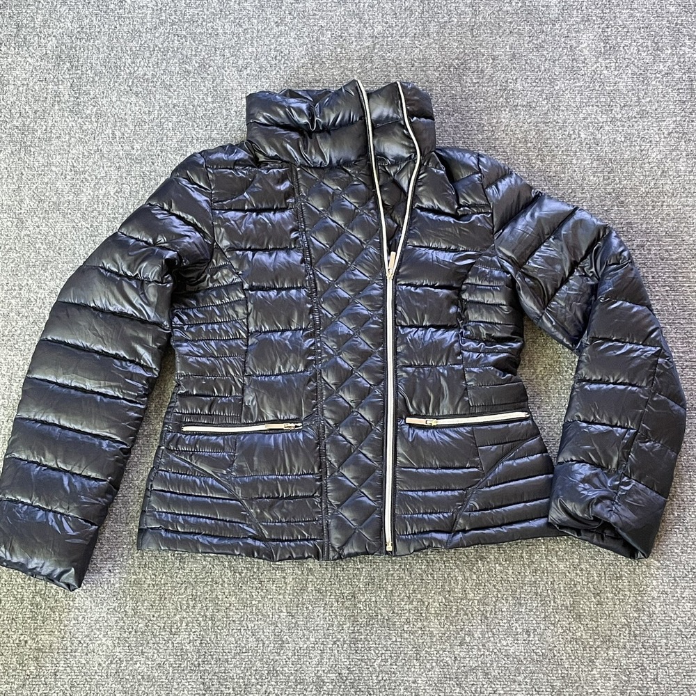 Laundry Shelli Segal Jacket Womens Medium Down Puffer Shiny Navy Blue Quilted